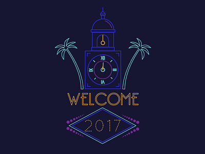Happy New Year 2017 2017 clock flat greeting illustration midnight neon palmtrees vector welcome