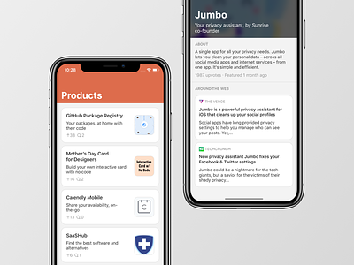 Products App — Product Hunt on iPhone apple apps design feed ios iphone mobile mobile ui product hunt ui user ux