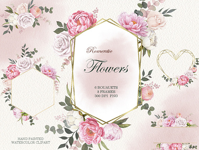 watercolor Gold Geometric peony frames clipart peony frames peony wreath watercolor wedding clipart