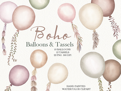 Watercolor boho Balloons Clipart baby shower boho balloons watercolor boho
