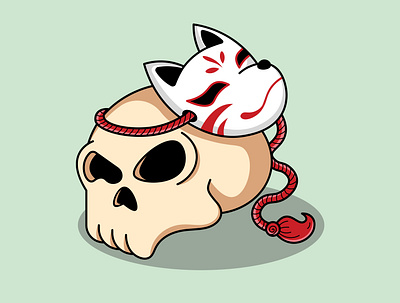 Cute skull head with japanese kitsune mask illustration