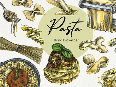 Pasta sketch set design food hand drawing illustration italian pasta sketching watercolour