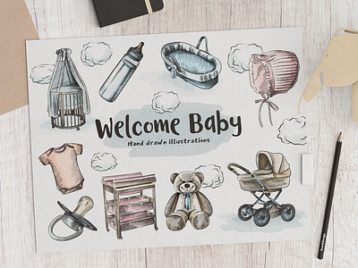WELCOME BABY sketch set baby child child care cloud design hand drawing illustration newborn sketching