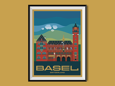 Basel basel city flat design illustration poster poster design switzerland town hall travel poster