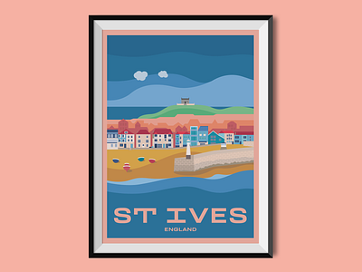St Ives beach cornwall england illustration poster poster design st ives travel poster