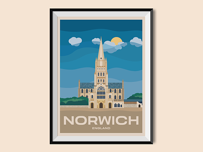 Norwich cathedral church england holiday illus illustration norwich sight travel poster united kingdom