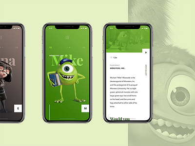 Pixar App - Character Section + Detail app black character clean disney green iphone x minimal mobile pixar ui ux