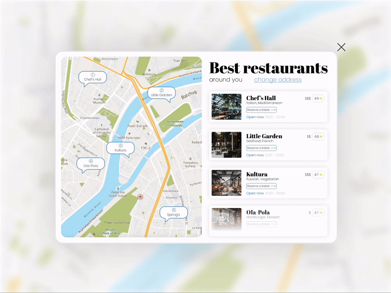 Map - Daily UI Challenge, Day 29 composition daily ui daily ui challenge day 029 design desktop figma food graphic design idea location map map ui navigation resraurant ui ui elements vector web web design