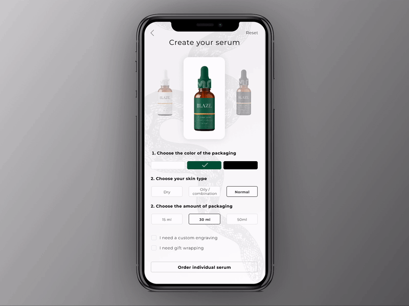 Customize Product - Daily UI Challenge, Day 033 branding composition cosmetics customization customize product daily ui challenge day 033 design e commerce graphic design ios mobile mobile app options product settings shop ui ui design ui elements