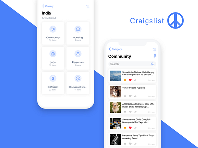 Craigslist - iOS App blue branding card challenge craigslist grid improvement minimal