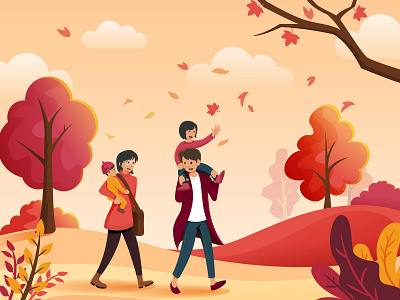Family Autumn autumn character design children dad daughter fall family illustration kid landscape mom people vector