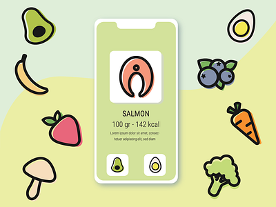 Line icons for healthy food app adobe illustrator app avocado banana blueberry broccoli carrot design egg food graphic design healthy food icon illustration lifestyle logo mushroom salmon vector