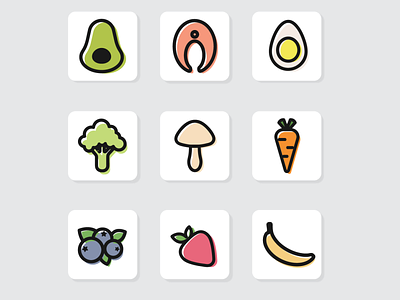 9 line icons for the Healthy Food app adobe illustrator app app icons avocado banana blueberry broccoli carrot design graphic design healthy food icons illustration logo