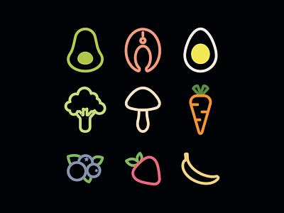 9 line icons for the app on a black background adobe illustrator app app icons avocado banana blueberry broccoli carrot design icons illustration logo vector