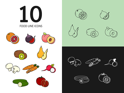 10 food line art icon fruits and vegetables