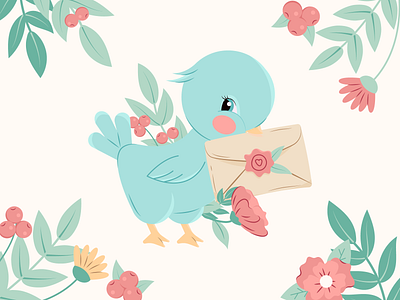 Spring Illustration with Lovely Bird