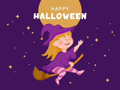 Little witch flying on a broomstick - Halloween illustration