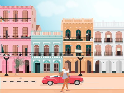 Once upon a time in Cuba buildings car caribbean city cuba design girl graphic design hotdays illustration illustrator summer summertime sun traveling
