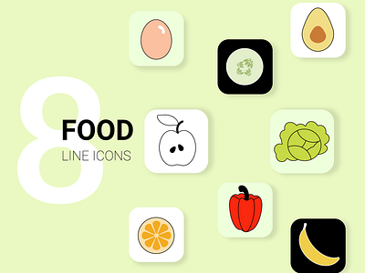 8 FOOD line icons adobe illustrator apple avocado banana bell pepper cabbage cucumber egg food graphic design orange sweet tasty