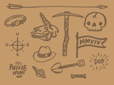 The Dig doodles ancient archaeology arrowhead bone compass flag headlamp pickaxe puzzle shovel skull unicorn