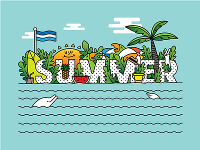 Summer beach dolphins flag palm trees parrots pineapple summer sun tropical watermelon