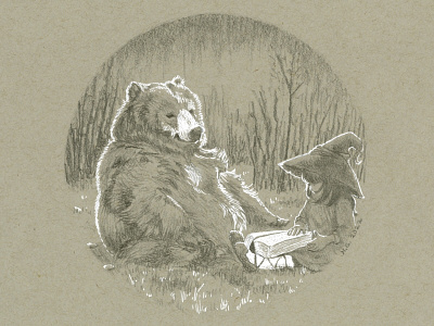 The Scholar aesthetic animal bear black and white drawing girl illustration nature sketch vintage