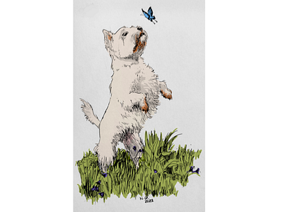 Westie and Butterfly aesthetic animal black and white cute digital dog drawing illustration sketch vintage