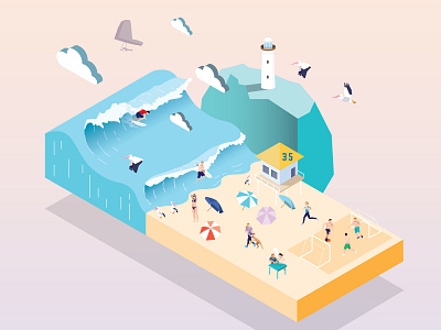 Central Coast australia beach central coast character flat illustration illustration illustration design isometric lifestyle lighthouse outdoor pelican people perspective sea sports summer surf vector waves