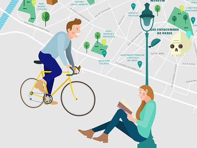 Paris Map Close-up bicycle buildings city city map cycling editorial flat flat illustration france girl illustration lifestyle map monuments paris people reader road town vector