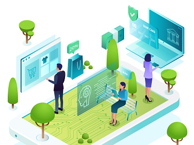 Digital Trends annual report artificial intelligence concept cover digital ebanking ecommerce editorial future illustration isometric isometric art isometric design isometric illustration mobile phone outdoor technology trends virtual web