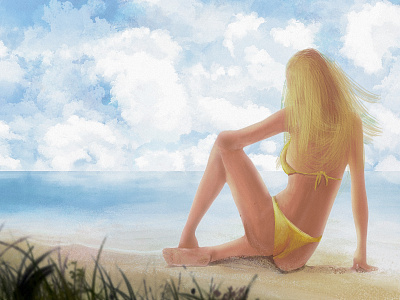 Here and now beach blonde clouds erotic girl graphic tablet grass ocean sand sea sexy sky summer sun thongs wacom