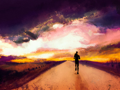 Running athlete clouds drawing graphic tablet horizon illustration infinite road infinity male orange road running sky sunset texture yellow