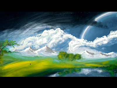 Other planet astronaut beautiful landscape clouds drawing field future graphic tablet grass green planet horizon illustration infinity lake landscape meadows planet pond space stars