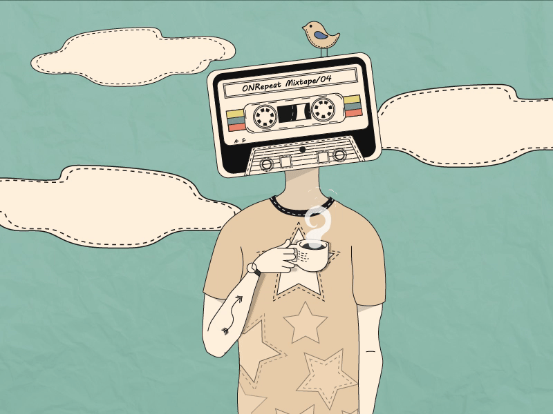 Cassette Man after effect after effects animation animated animation birds cassete cassette player cassette tape character cill clouds gif illustration india indie music paper retro trend vibe