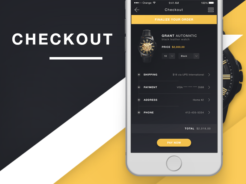 Phone code link. Checkout приложение. Checkout e Commerce. Checkout Screen. Черно желтый UI на телефон.