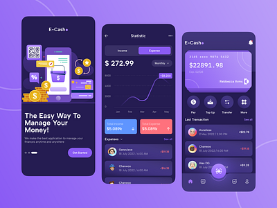 E-Cash - Finance App e money e wallet finance finance app financial illustration mobile mobile app money purple ui wallet