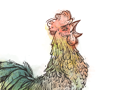 Hi dribbble feathers green illustration red rooster watercolor yellow