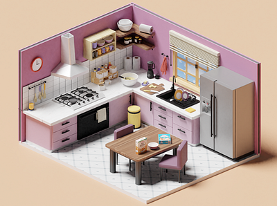 Kitchen 3d blender cute design graphic design illustration interior isometric