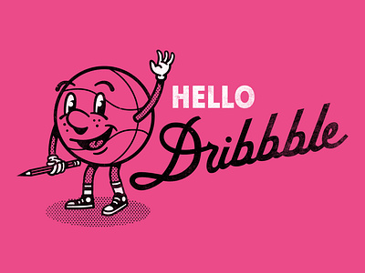 Hello, Dribbble basketball cartoon dribbble first shot halftone handlettering hello hello dribbble hey dribbble illustration retro texture vintage