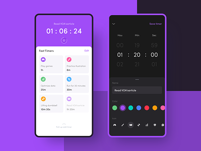 Timers UI alarm clock app card clean color count down flat icon multiple rasks time timer timers timing tool ui ux violet