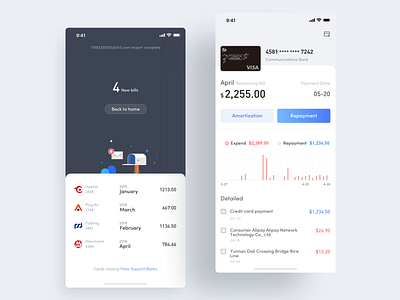 Credit Card Management App app bank bill bill details card clean credit credit card flat illustration mailbox repayment ui ux