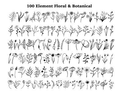 100 Element Floral & Botanical black and white botanical bundle clipart design drawing element fien art floral flower graphic design hand drawn icon leaf line art logo pattern plant sketch stamp