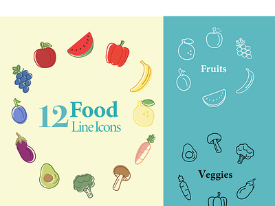 12 Food Line Icons app avocado food foodicons fruits grape graphic design healthy icons illustration lemon lineart minimalism mushroom papper typography vegetables watermelon овощи фрукты