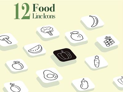 12 Food Line Icons app avocado banana food foodicons fruits grape graphic design healthy icons illustration tasty vector vegetables