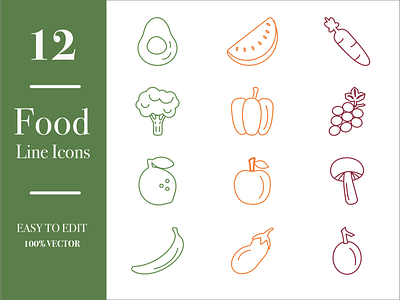 12 Food Line Icons app avocado banana carrot design food foodicons fruits grape graphic design healthy icons illustration lineart minimalism tasty vector vegetables иконки фрукты