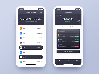 Blockchian_ChooseCurrency app blockchain dark ui dashboard data iphone iphonex light theme mobile ui ux