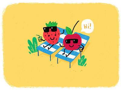 The Berries're Enjoying The Sun art berries cherry cocktail deck chair illustration sanbed sand strawberry