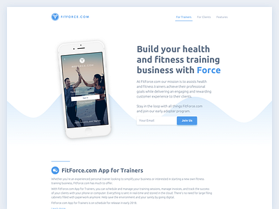 The FitForce landing page account app clients couch dashboard fitness landing schedule sport timeline workout
