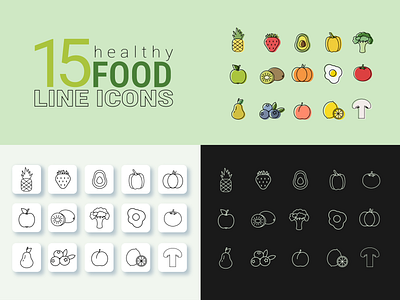 15 Healthy food line icons adobeiiustrator apple avocado blueberry design food fruits graphic design healthy icons illustration line minimalism pineapple pumpkin ratline tomato vector vegan vegetable