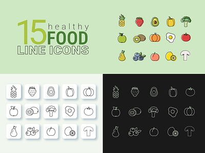 15 Healthy food line icons